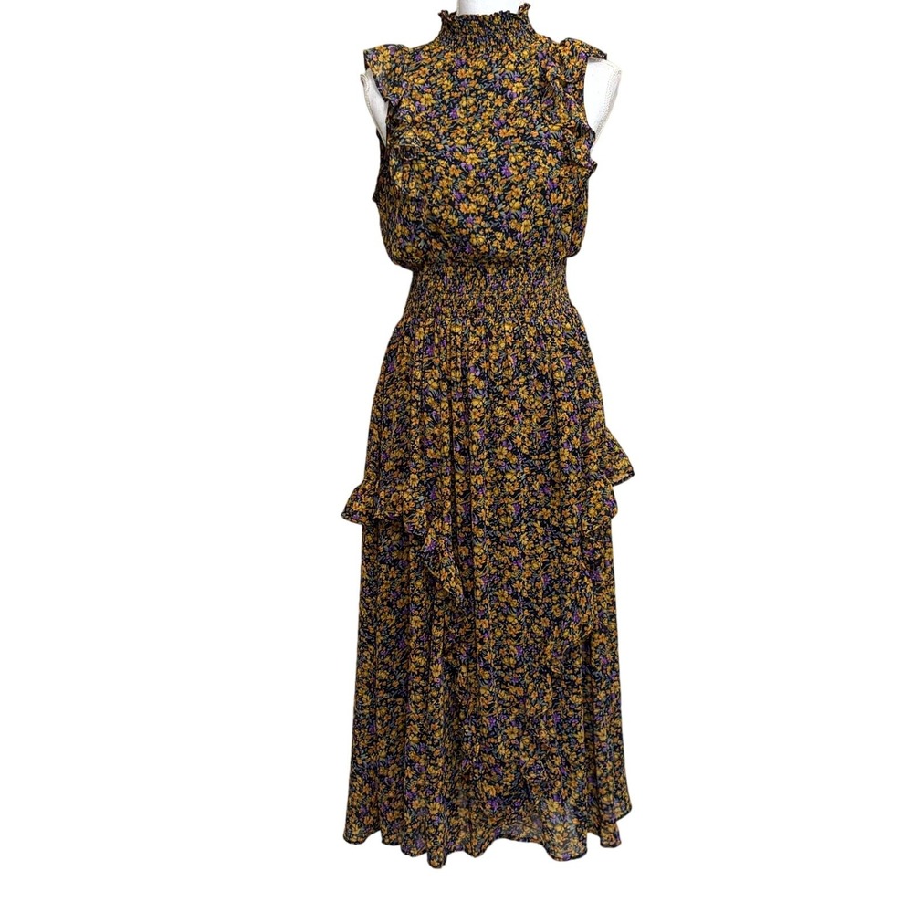 Lulus Floral Smocked Waist Ruffle Maxi Dress Small Dark Floral Romantic Moody